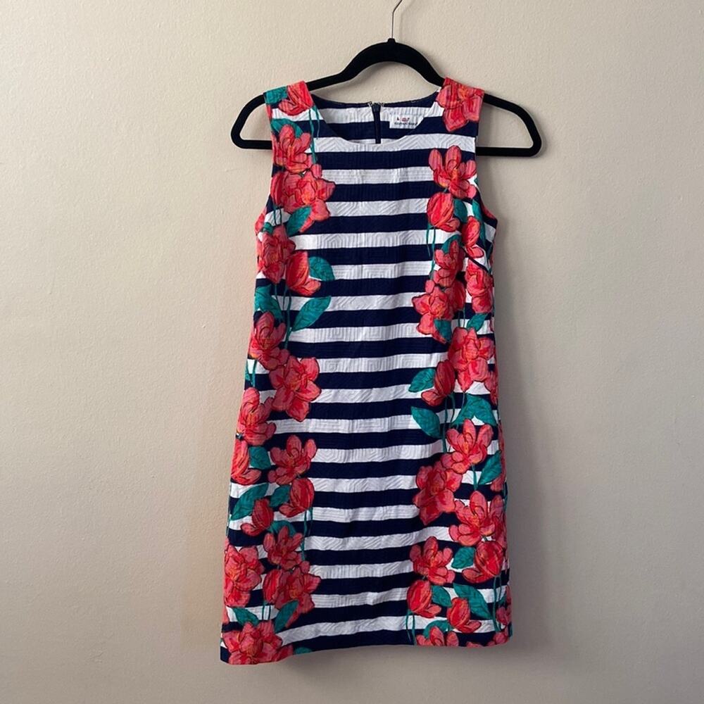 Vineyard Vines Magnolia Stripe Floral Shift Dress Navy Pink Sleeveless 0 Small